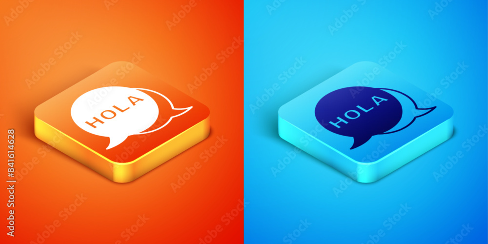 Isometric Hola icon isolated on orange and blue background. Vector Isometric Hola icon isolated on orange and blue background. Vector