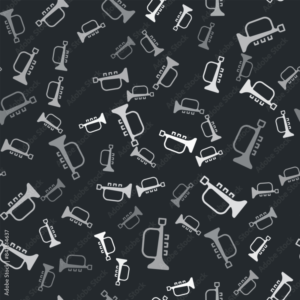Grey Musical instrument trumpet icon isolated seamless pattern on black background. Vector Grey Musical instrument trumpet icon isolated seamless pattern on black background. Vector