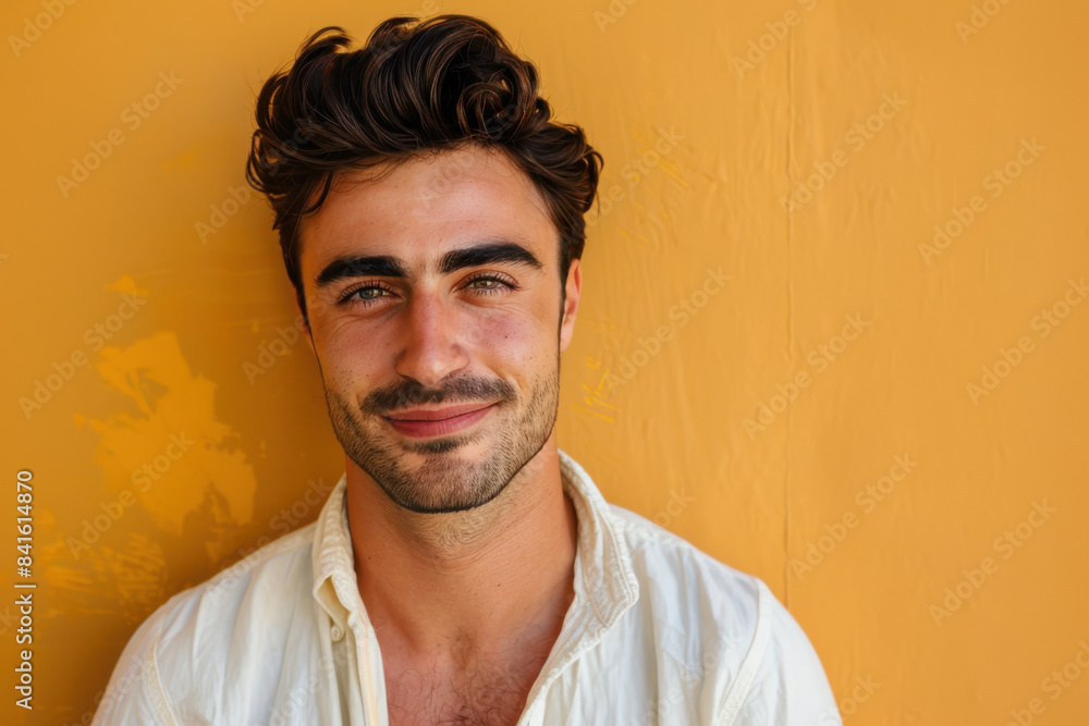 A close up portrait of a young man with a subtle smile A close up portrait of a young man with a subtle smile