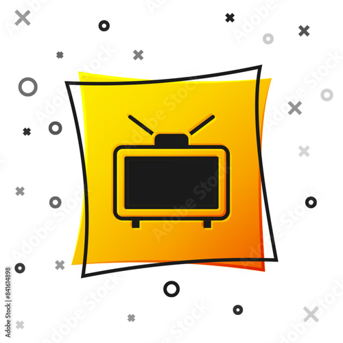 Black Football soccer match on TV icon isolated on white background. Football online concept. Yellow square button. Vector