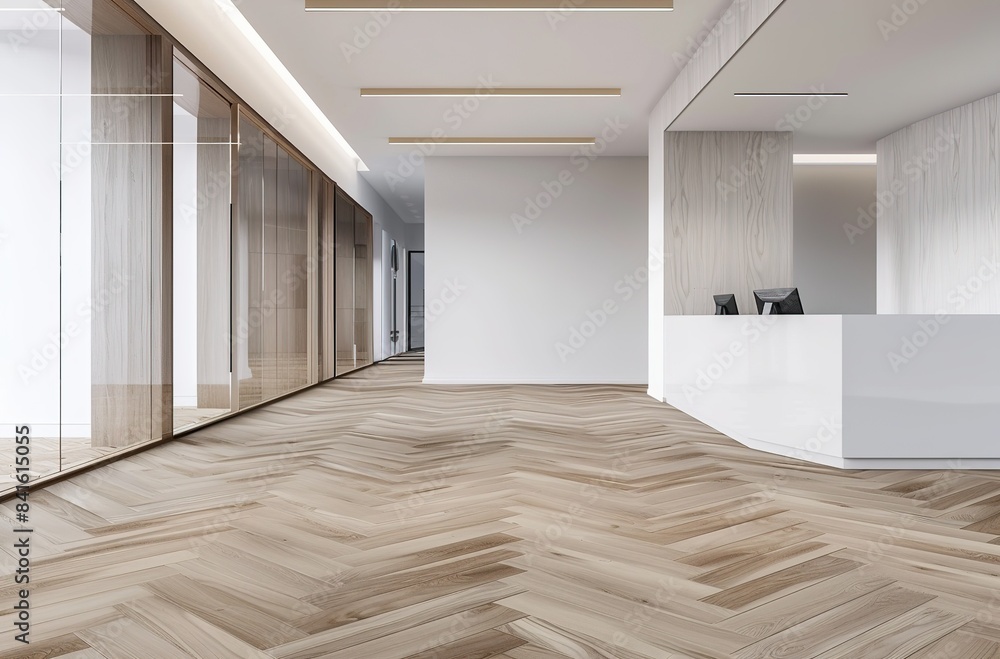 Minimalist Interior Design of a Modern Medical Clinic with Light Wood Paneling, White Reception Desk, and Arched Windows. Featuring Minimal Beige Walls, Herringbone Parquet Flooring. Minimalist Interior Design of a Modern Medical Clinic with Light Wood Paneling, White Reception Desk, and Arched Windows. Featuring Minimal Beige Walls, Herringbone Parquet Flooring.