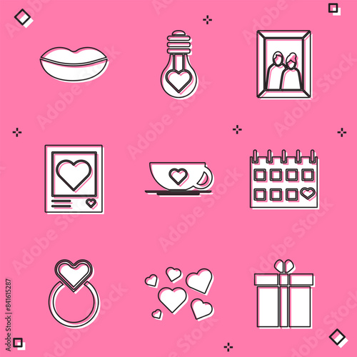Set Smiling lips, Heart shape light bulb, Picture frame, Photo frames and hearts, Coffee cup, Calendar with, Wedding rings and icon. Vector