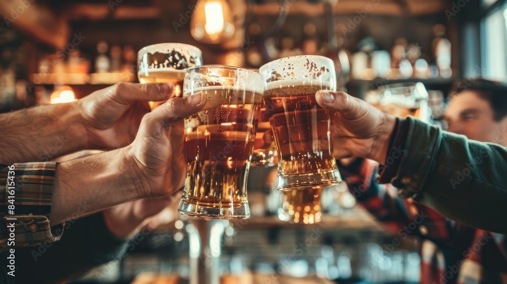 © inthasone - Group of friends drinking beer at brewery pub restaurant - Happy people enjoying happy hour sitting at bar table - Close-up image of brew glasses - Food and beverage lifestyle concept. © inthasone - Group of friends drinking beer at brewery pub restaurant - Happy people enjoying happy hour sitting at bar table - Close-up image of brew glasses - Food and beverage lifestyle concept.