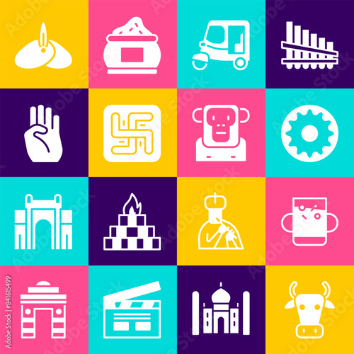 Set Cow, Cup of tea and leaf, Chakra, Taxi tuk tuk, Hindu swastika, Indian symbol hand, headgear turban and Monkey icon. Vector