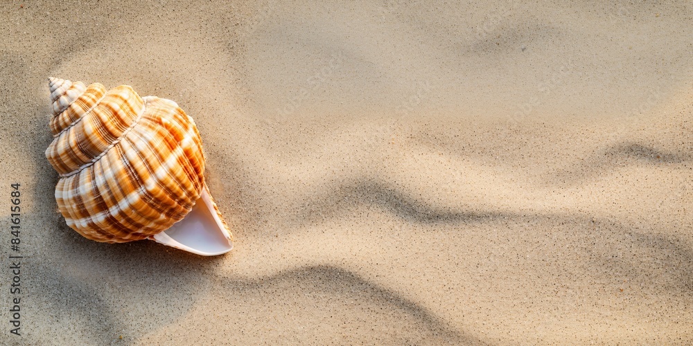 Seashell on sandy beach. Summer travel and marine life concept. Design for poster, wallpaper, summer vacation banner with copy space. Seashell on sandy beach. Summer travel and marine life concept. Design for poster, wallpaper, summer vacation banner with copy space.