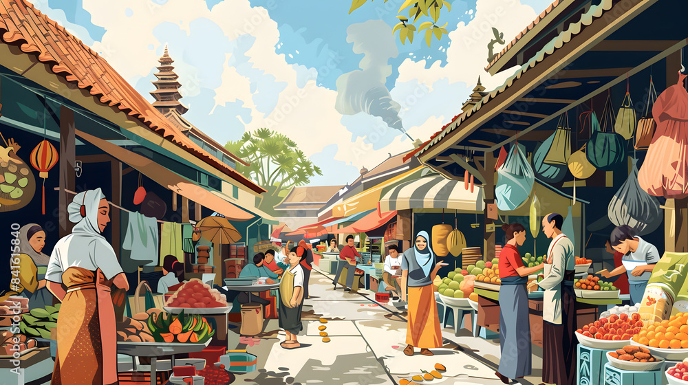 Fototapeta premium Vibrant Indonesian Market Scene with Traditional Architecture and Fresh Produce Stalls Under a Bright Sky, Ideal for Summer Travel Inspiration 2024