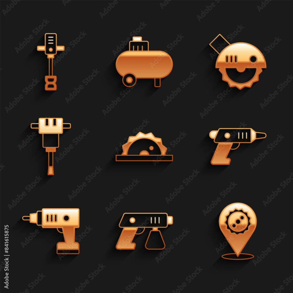 Set Electric circular saw, Paint spray gun, Circular blade, cordless screwdriver, Construction jackhammer, and Electrical hand concrete mixer icon. Vector Set Electric circular saw, Paint spray gun, Circular blade, cordless screwdriver, Construction jackhammer, and Electrical hand concrete mixer icon. Vector