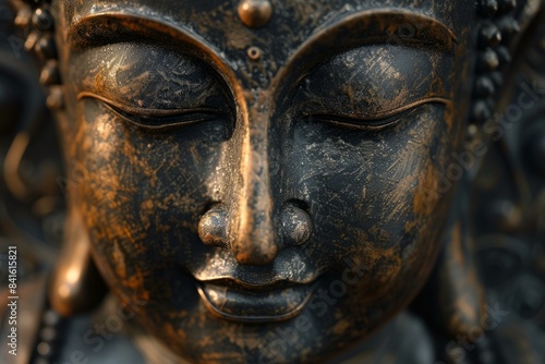 Close-up of serene and expressive ancient buddha statue with intricate details and texture in a traditional asian temple  symbolizing peace  spirituality  and mindfulness