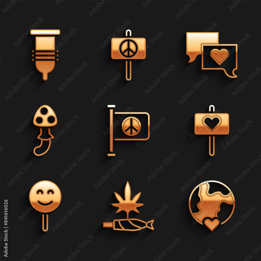 Set Flag peace, Marijuana joint, spliff, The heart world - love, Peace, Smile face, Psilocybin mushroom, Speech bubble chat and Condom icon. Vector Set Flag peace, Marijuana joint, spliff, The heart world - love, Peace, Smile face, Psilocybin mushroom, Speech bubble chat and Condom icon. Vector