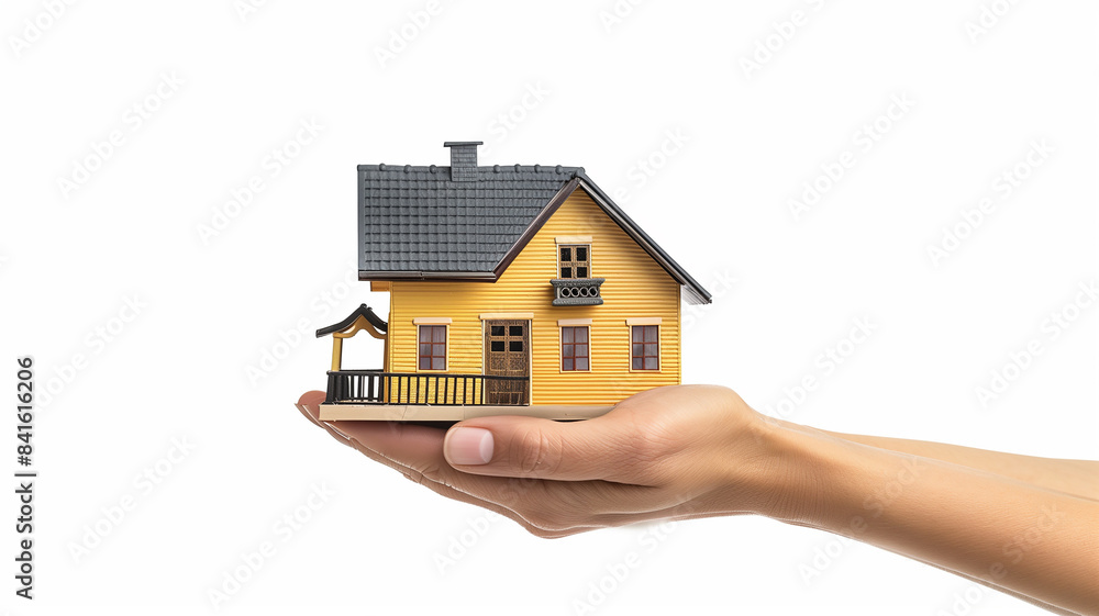 Real estate agent holding small yellow house model in hands Real estate agent holding small yellow house model in hands