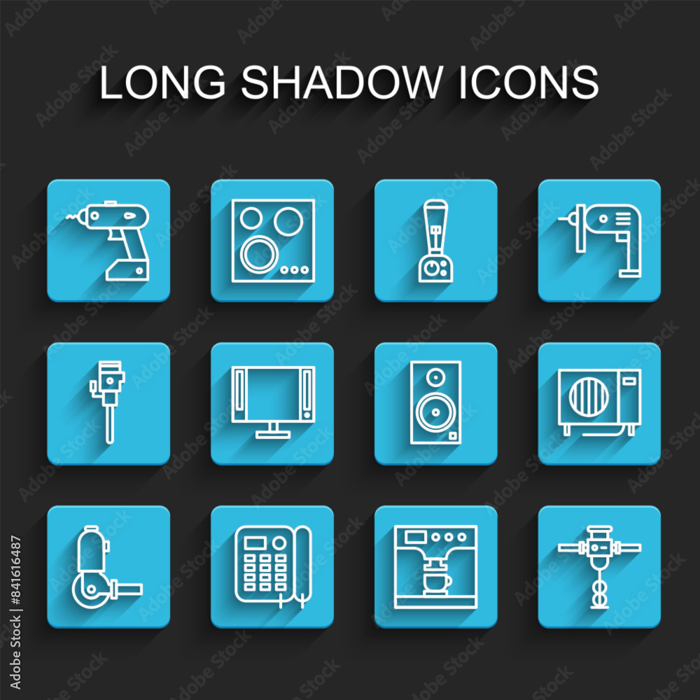 Set line Angle grinder, Telephone, Electric cordless screwdriver, Coffee machine and cup, Construction jackhammer, Smart Tv, Air conditioner and Stereo speaker icon. Vector Set line Angle grinder, Telephone, Electric cordless screwdriver, Coffee machine and cup, Construction jackhammer, Smart Tv, Air conditioner and Stereo speaker icon. Vector