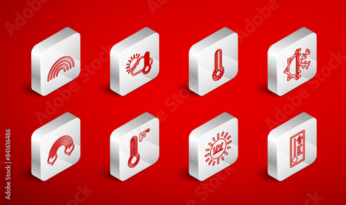Set line Meteorology thermometer, Thermometer and cloud, sun, Sun snowflake, UV protection, Rainbow, and with heart icon. Vector