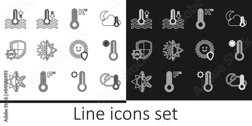 Set line Thermometer and cloud, moon, Meteorology thermometer, Sun snowflake, UV protection, Water, and icon. Vector