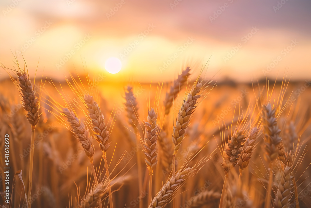 A golden wheat field under a sunset glow clear sky above with a closeup of wheat ears A golden wheat field under a sunset glow clear sky above with a closeup of wheat ears