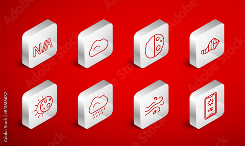 Set line Weather forecast, Cloud, Eclipse of sun, Cone meteorology windsock wind vane, Wind, Not applicable, with rain and icon. Vector
