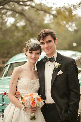 Retro-themed wedding with couples and guests in vintage attire photo