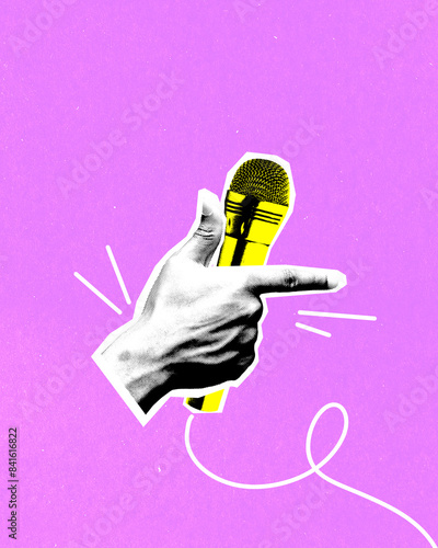 Male hand with golden microphone gesturing against pink background. Live concert. Contemporary art collage. Concept of music, performance, festival. Pop art. Creative design.