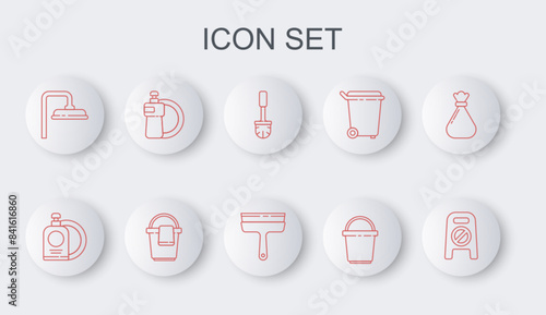Set line Wet floor and cleaning in progress, Dishwashing liquid bottle plate, Toilet brush, Bucket, Shower head, with rag and Rubber cleaner for windows icon. Vector