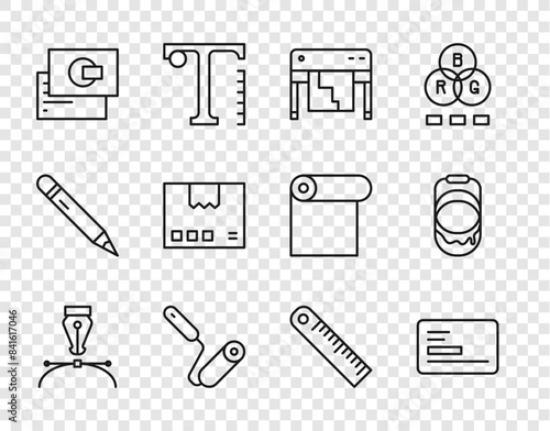Set line Fountain pen nib, Business card, Plotter, Paint roller brush, Carton cardboard box, Ruler and bucket icon. Vector