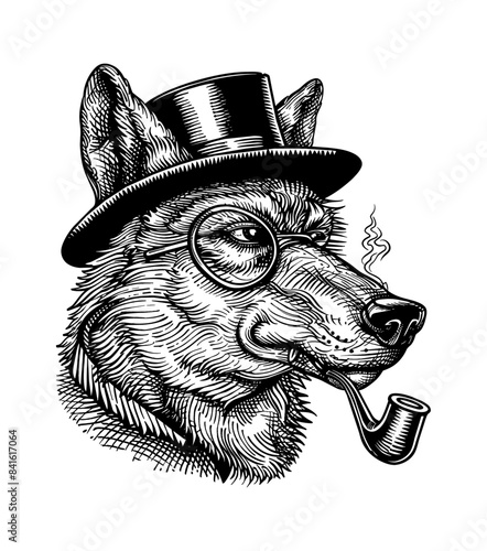 wolf, wears top hat and smoking pipe engraving black and white outline