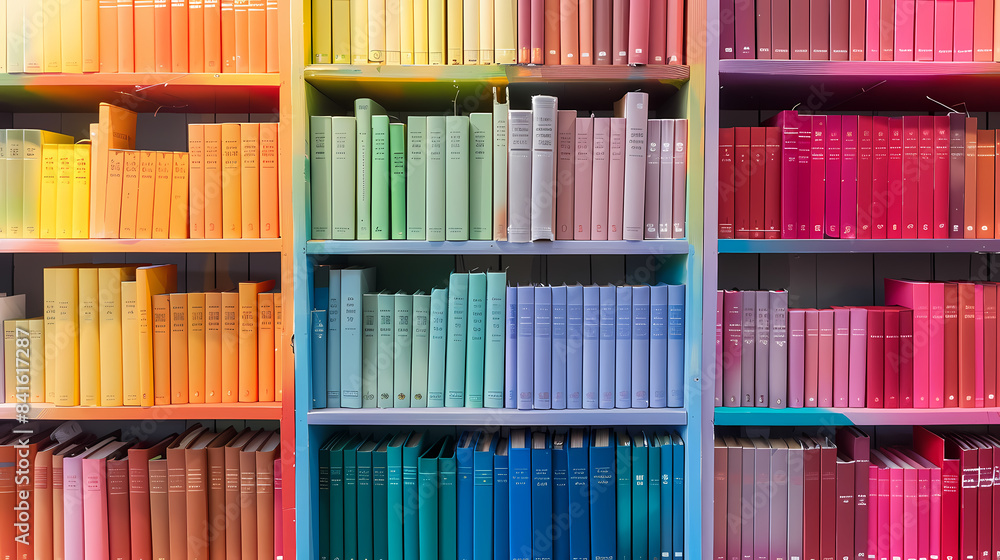 A colorful bookcase with many books on it A colorful bookcase with many books on it