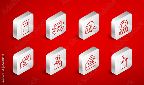 Set line Stage stand or tribune, Gas mask, Police helmet, Lying burning tires, Vote box, assault shield, officer and Speech bubble chat icon. Vector