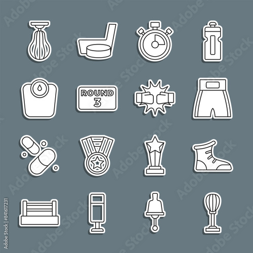 Set line Punching bag, Sport boxing shoes, Boxing short, Stopwatch, ring board, Bathroom scales, and gloves icon. Vector