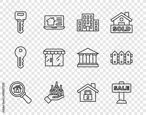 Set line Search house, Hanging sign with Sale, House, Skyscraper, key, Market store, under protection and Garden fence wooden icon. Vector