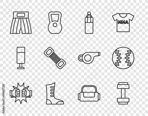 Set line Punch in boxing gloves, Dumbbell, Punching bag, Sport shoes, Boxing short, Chest expander, and Baseball ball icon. Vector