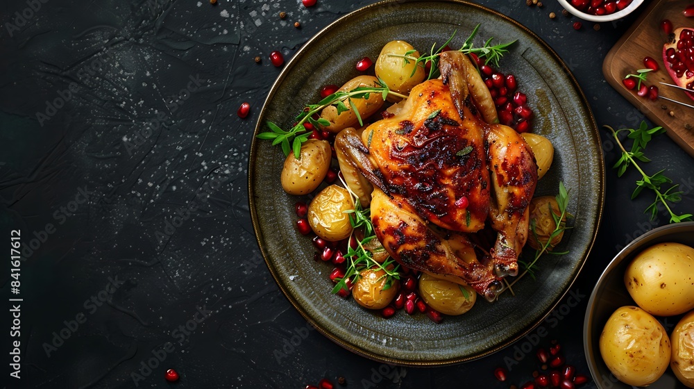 Indulge in a culinary masterpiece with a real photo capturing the top view of a succulent roasted chicken accompanied by golden potatoes and drizzled with tangy pomegranate sauce Indulge in a culinary masterpiece with a real photo capturing the top view of a succulent roasted chicken accompanied by golden potatoes and drizzled with tangy pomegranate sauce