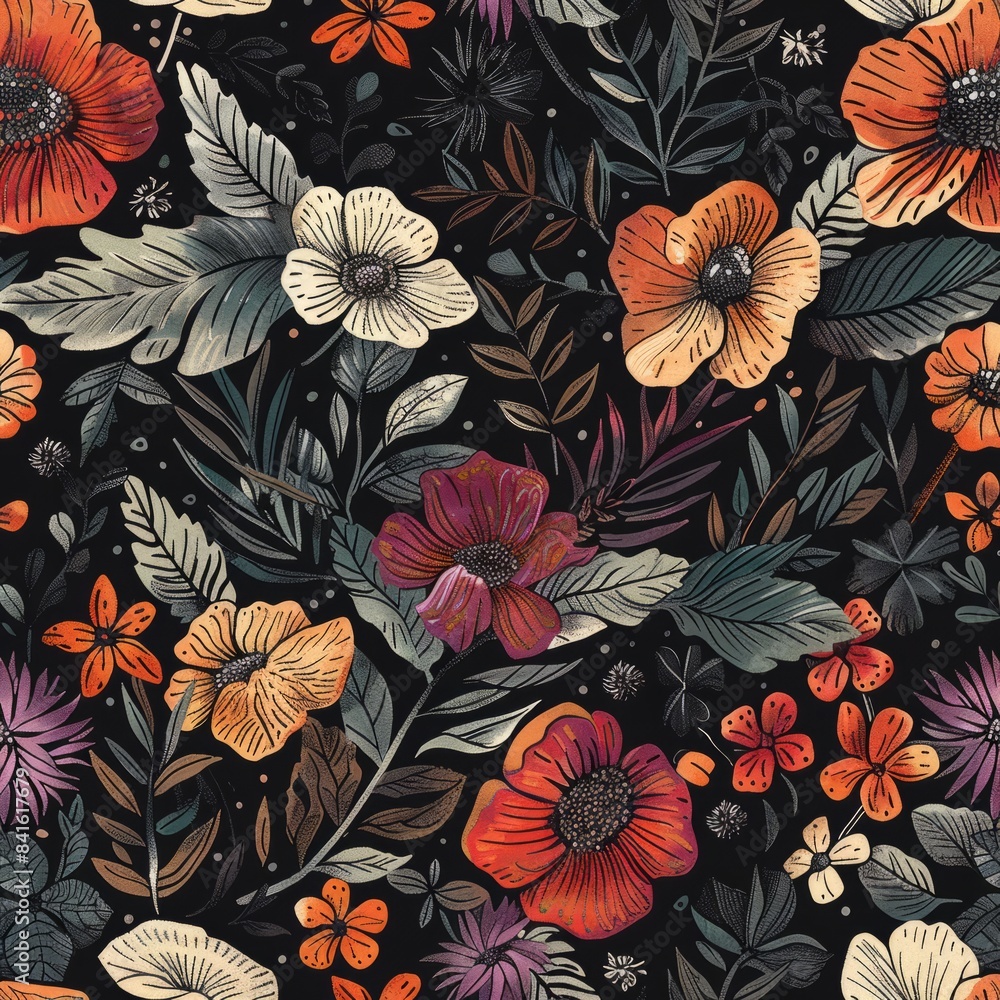 Colorful Flowers and Leaves on Black Background Colorful Flowers and Leaves on Black Background