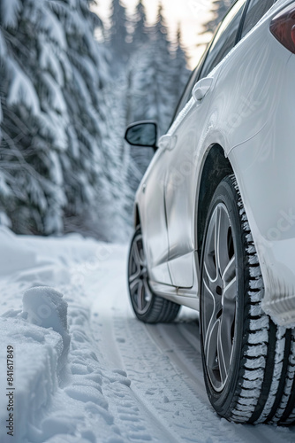 View of car wheel on snowy road, winter driving conditions
