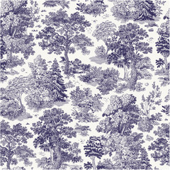Papier peint photo Paysage patrons Forêt vintage bleu blanc illustrée  © OlgaKorneeva