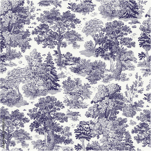 The Forest stories. Seamless pattern. Vector vintage illustration. Blue and white