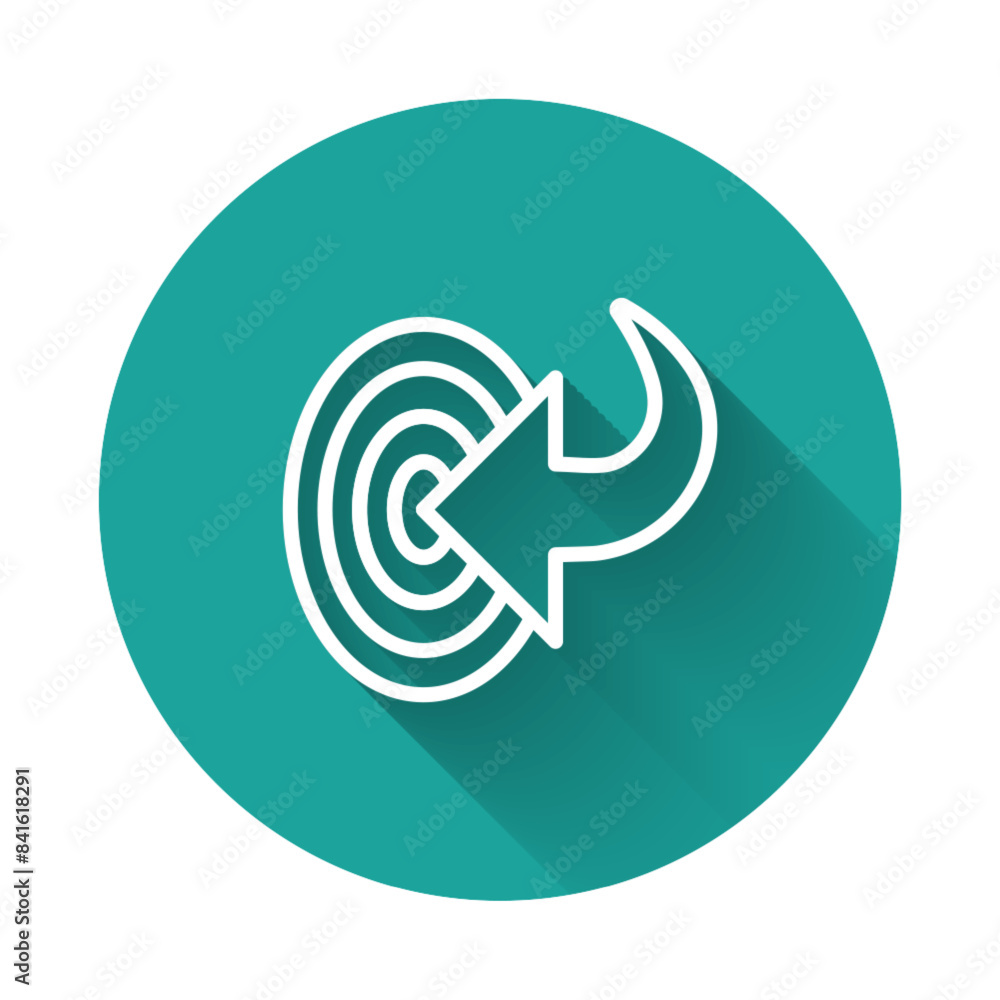 White line Target financial goal concept icon isolated with long shadow background. Symbolic goals achievement, success. Green circle button. Vector White line Target financial goal concept icon isolated with long shadow background. Symbolic goals achievement, success. Green circle button. Vector