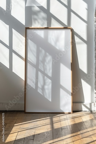 Blank frame leaning against a white wall, ideal for showcasing custom artwork in a bright setting