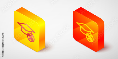 Isometric line Graduation cap and coin icon isolated on grey background. Education and money. Concept of scholarship cost or loan, tuition or study fee. Yellow and orange square button. Vector