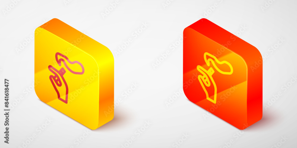 Isometric line Hand with smoking cigarette icon isolated on grey background. Tobacco sign. Yellow and orange square button. Vector Isometric line Hand with smoking cigarette icon isolated on grey background. Tobacco sign. Yellow and orange square button. Vector