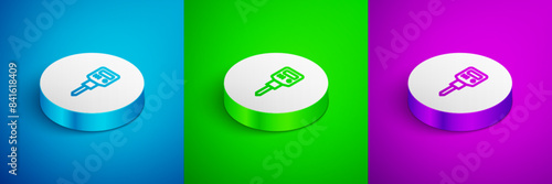 Isometric line Construction jackhammer icon isolated on blue, green and purple background. White circle button. Vector