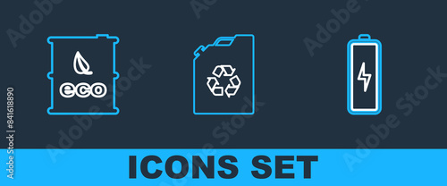 Set line Battery, Bio fuel barrel and Eco canister icon. Vector