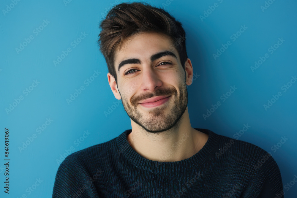 A close up portrait of a young man with a subtle smile A close up portrait of a young man with a subtle smile