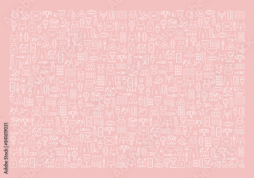 Banner on pink background from menstrual period line icons. Various feminine hygiene products, menstruation protection elements. Isolated vector illustration
