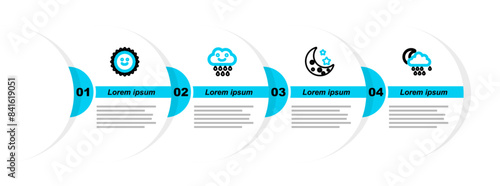 Set line Cloud with rain and moon, Moon stars, and Sun icon. Vector