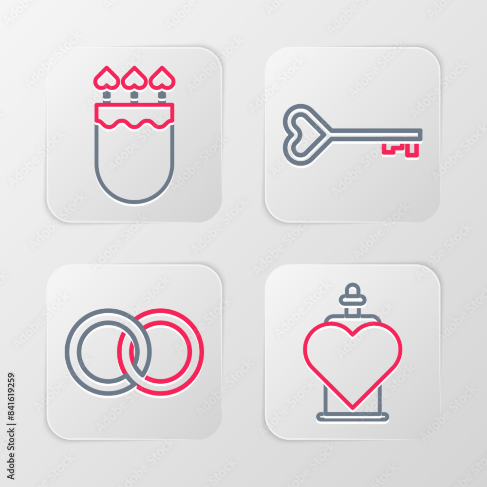 Set line Bottle with love potion, Wedding rings, Key heart shape and Quiver and arrows icon. Vector Set line Bottle with love potion, Wedding rings, Key heart shape and Quiver and arrows icon. Vector