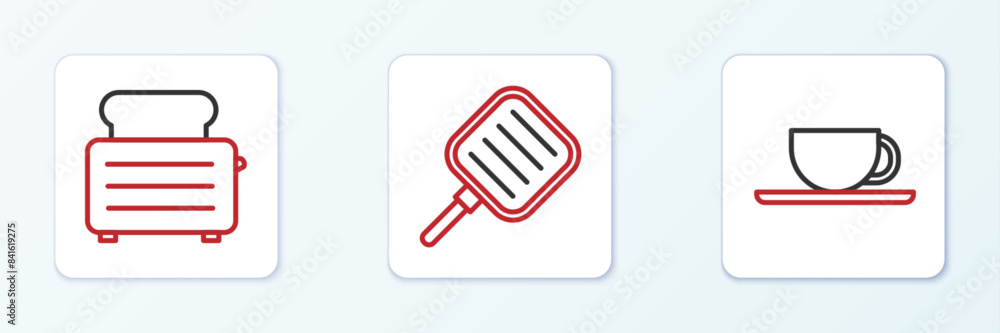 Set line Coffee cup, Toaster with toasts and Frying pan icon. Vector Set line Coffee cup, Toaster with toasts and Frying pan icon. Vector