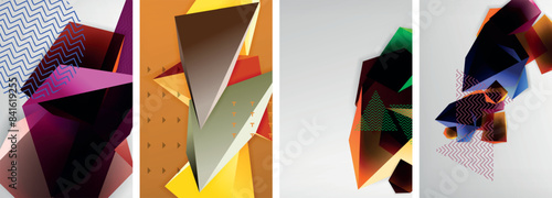 Trendy low poly 3d triangle shapes and other geometric elements background designs for wallpaper, business card, cover, poster, banner, brochure, header, website