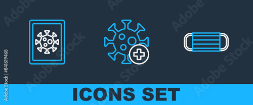 Set line Medical protective mask, Virus statistics on monitor and Positive virus icon. Vector