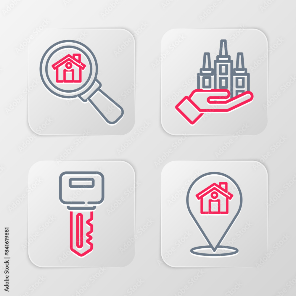 Set line Location with house, House key, Skyscraper and Search icon. Vector Set line Location with house, House key, Skyscraper and Search icon. Vector