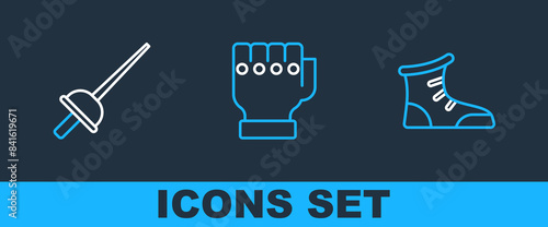 Set line Sport boxing shoes, Fencing and MMA glove icon. Vector
