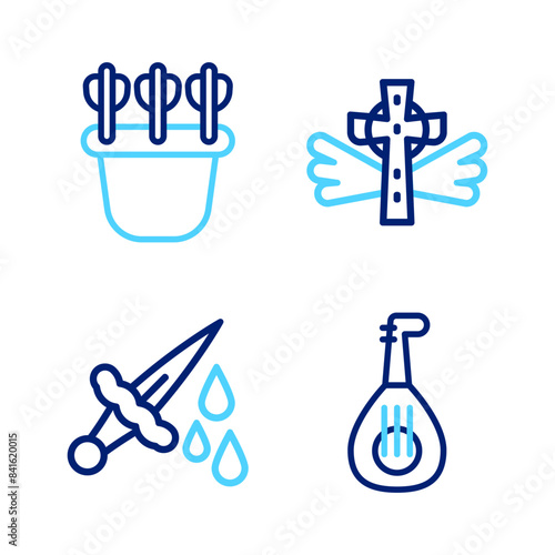 Set line Lute, Sword with blood, Christian cross and Quiver arrows icon. Vector